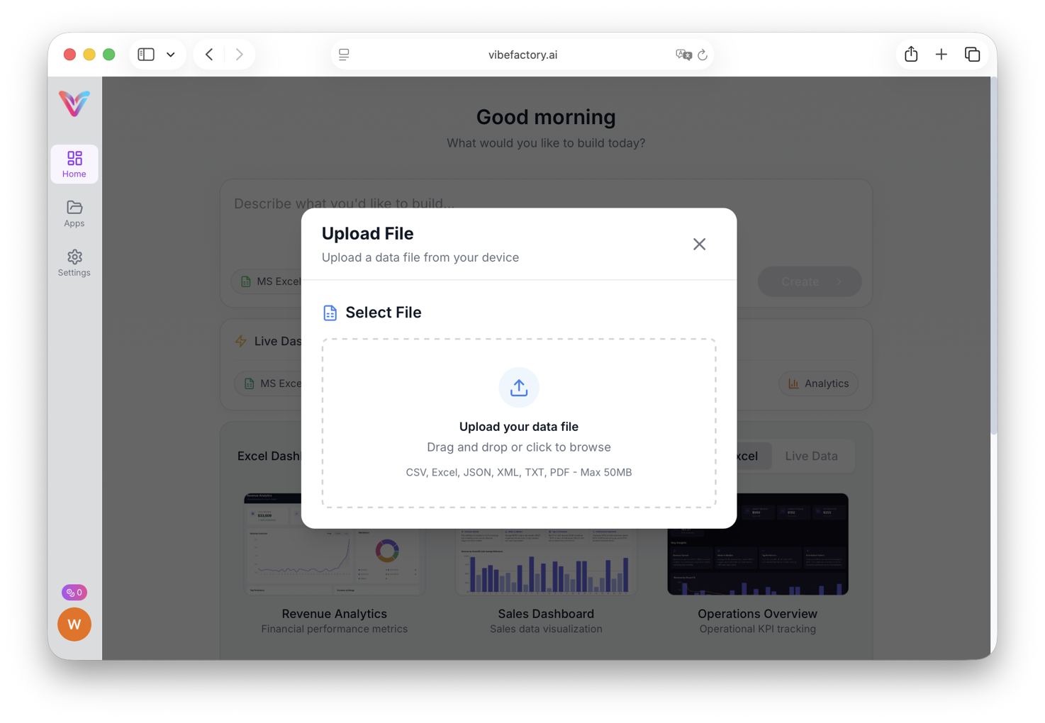 Upload Excel file to create dashboard - file picker interface showing spreadsheet selection