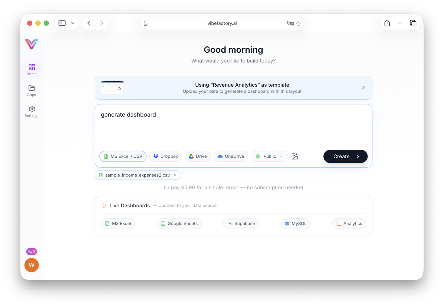 Enter AI prompt to generate dashboard - type generate dashboard in the prompt field