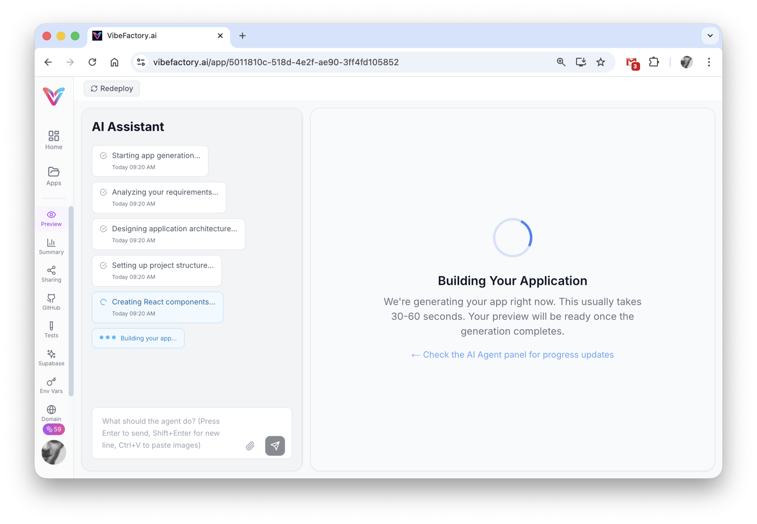 AI generating dashboard - progress indicator showing dashboard creation in progress
