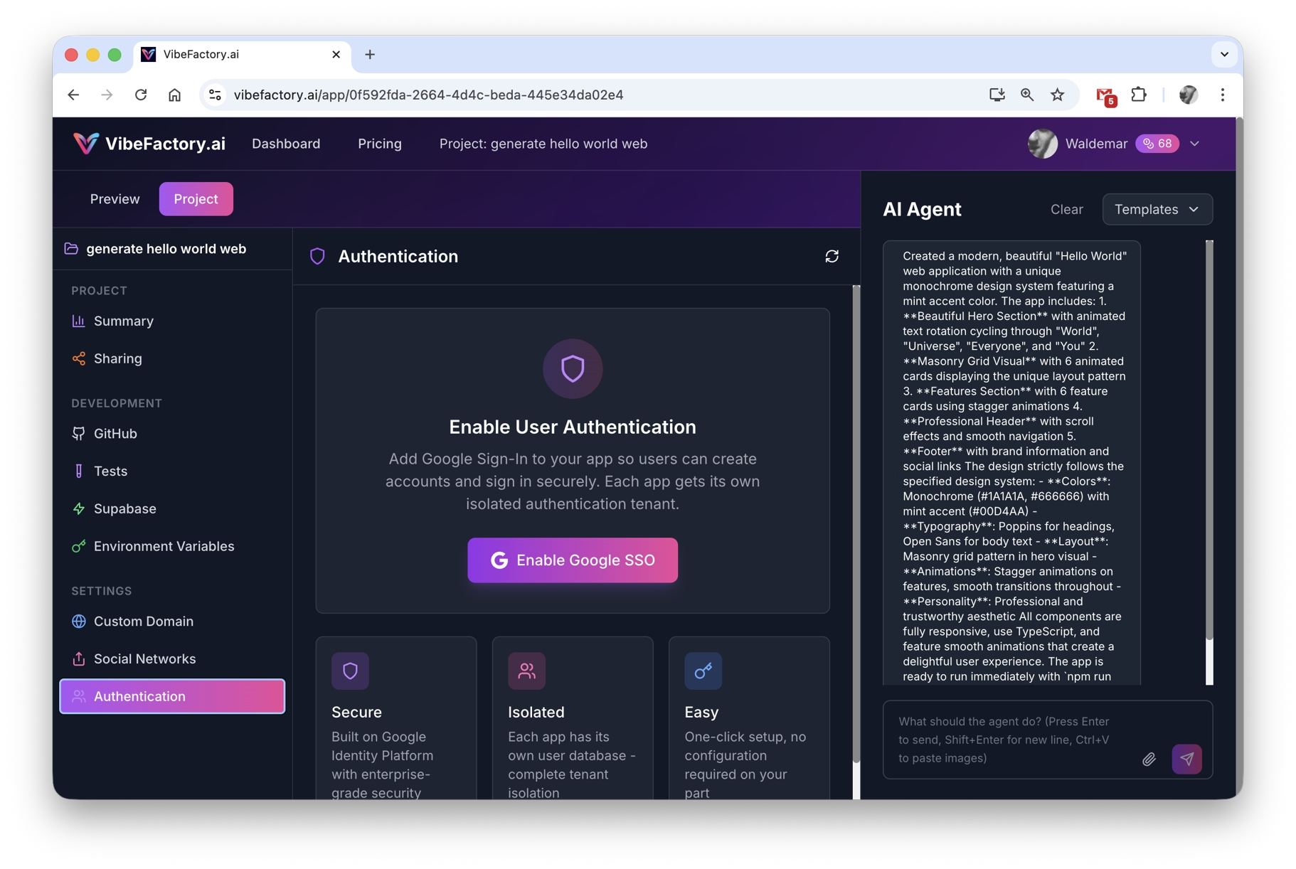 VibeFactory project settings - Authentication tab location