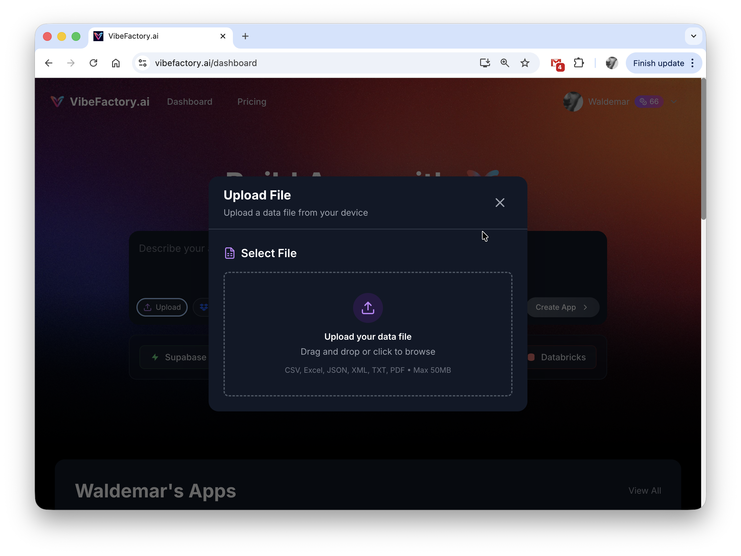 Upload Excel file to create dashboard - file picker interface showing spreadsheet selection
