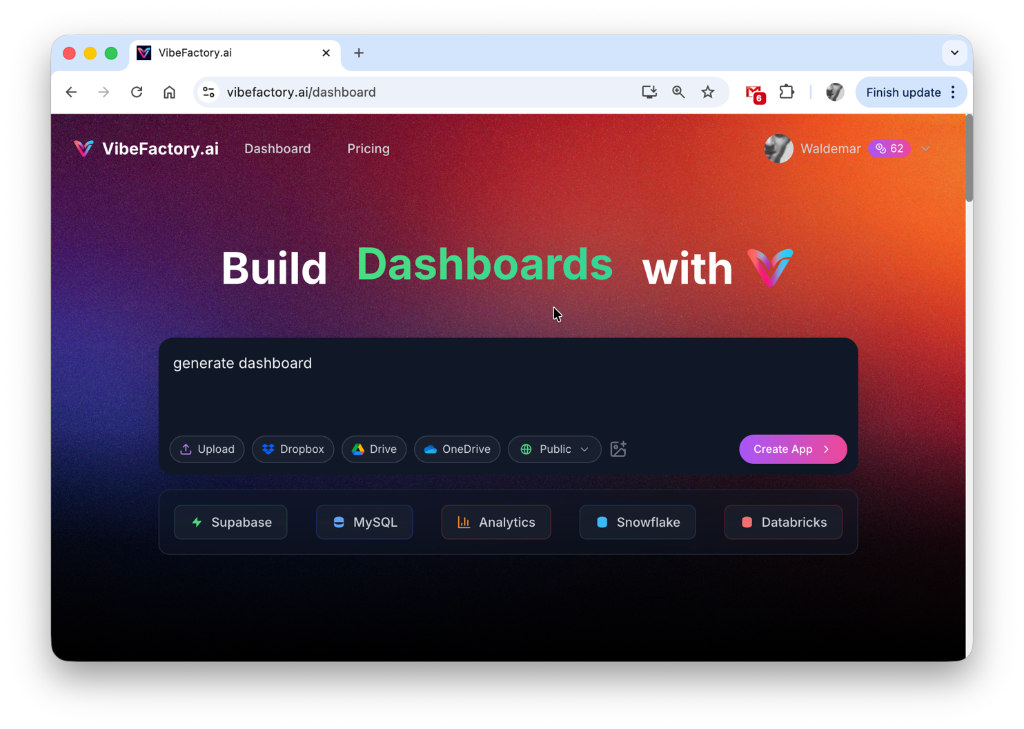 Enter AI prompt to generate dashboard - type generate dashboard in the prompt field