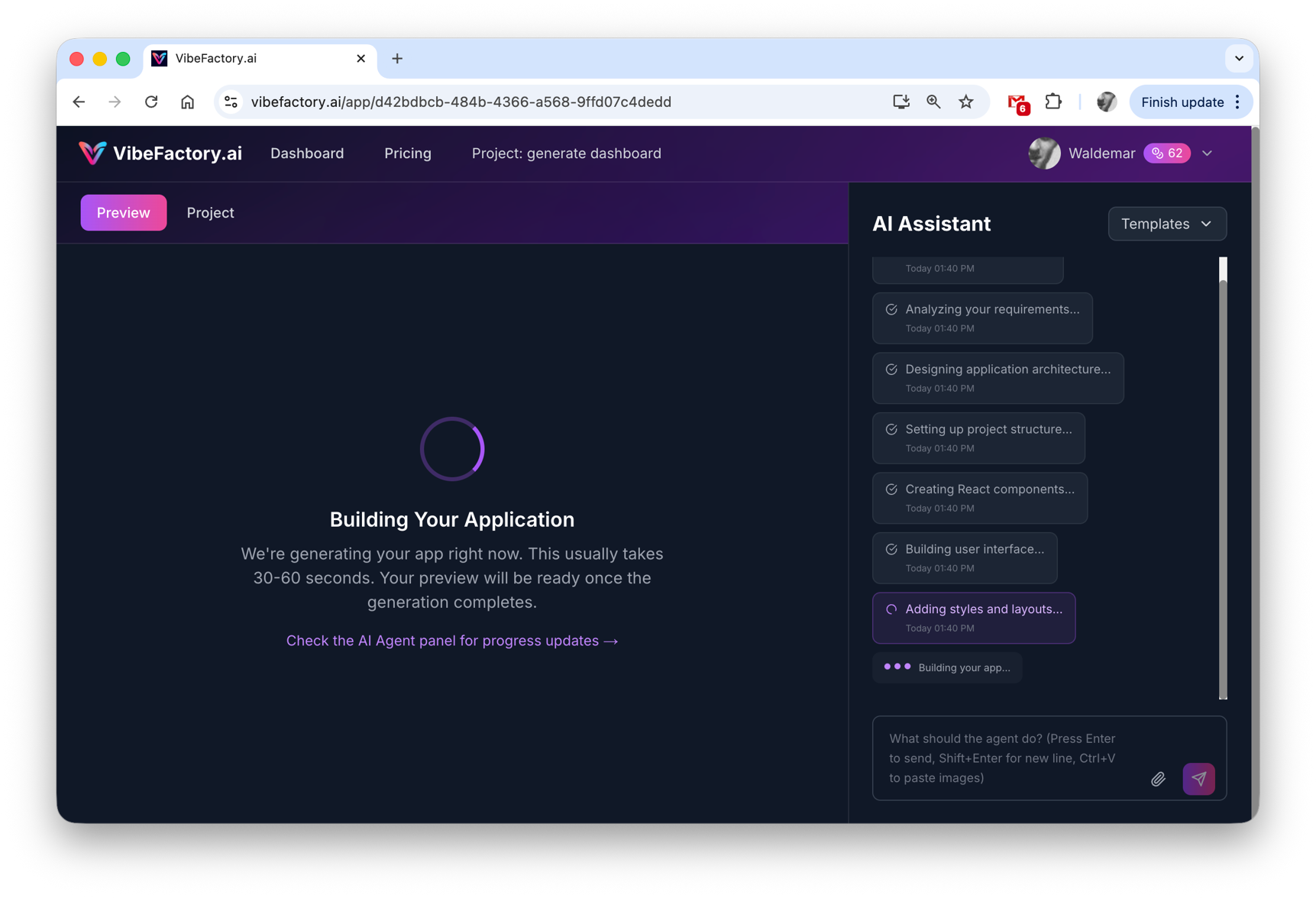 AI generating dashboard - progress indicator showing dashboard creation in progress