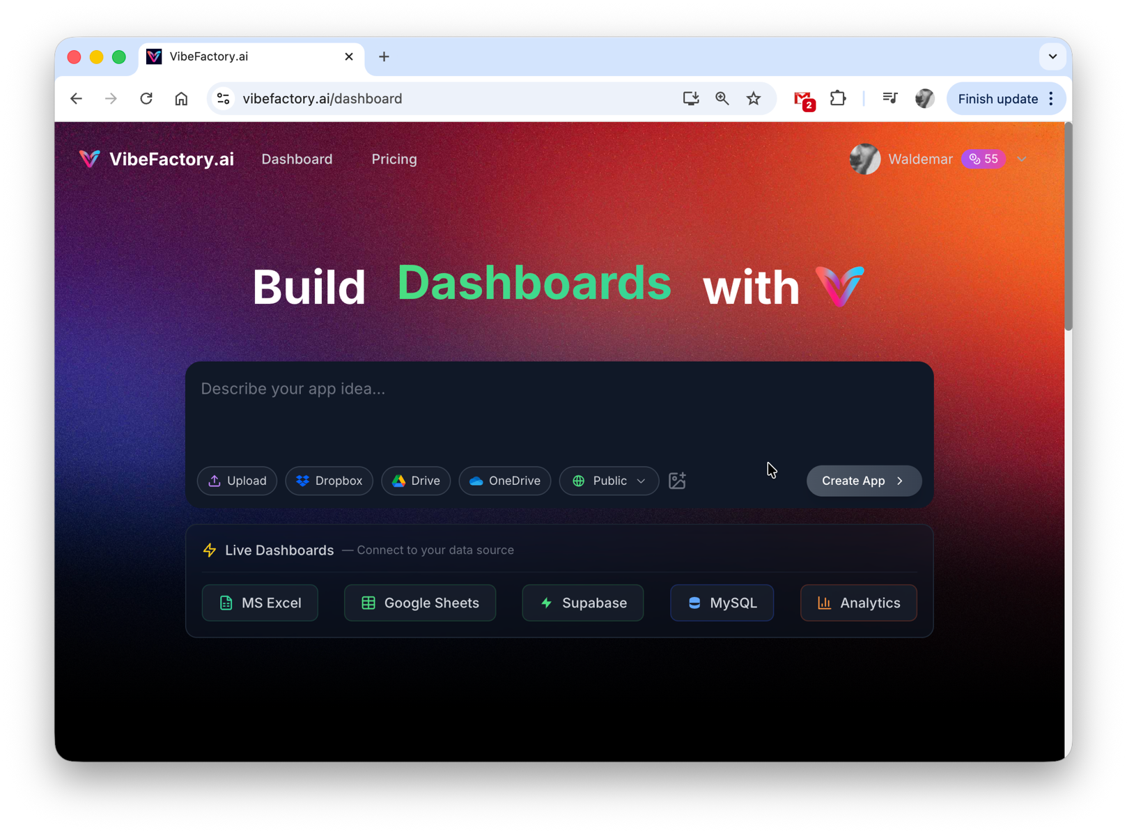 VibeFactory Dashboard Interface - Start creating your live Google Sheets dashboard