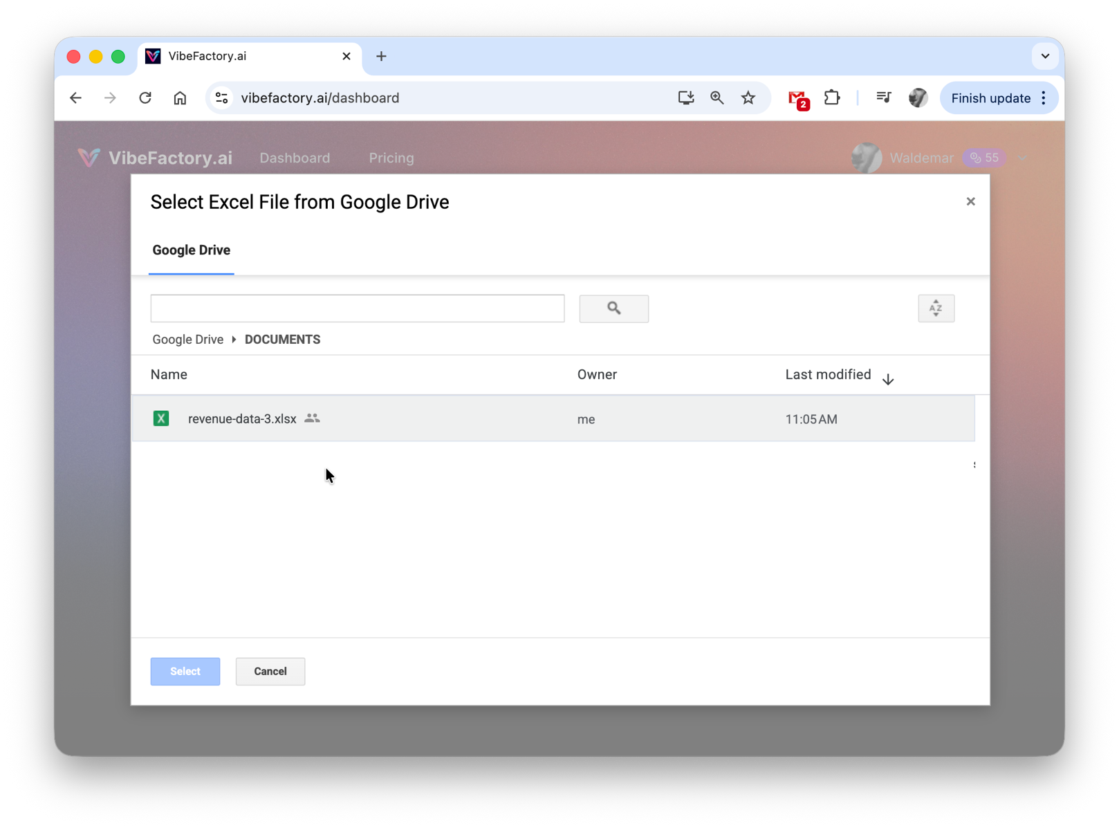 Select Google Sheets from Google Drive - file picker showing spreadsheet selection