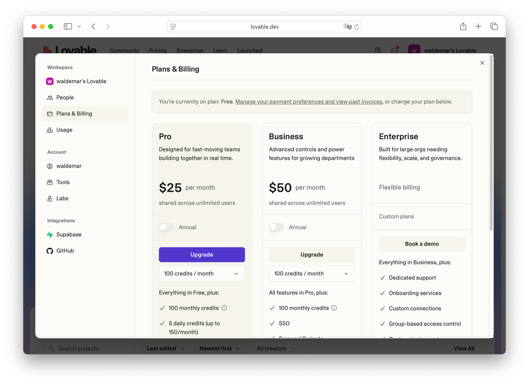 How to cancel Lovable subscription and stop billing in 2025 - settings and billing interface screenshot showing plan downgrade steps