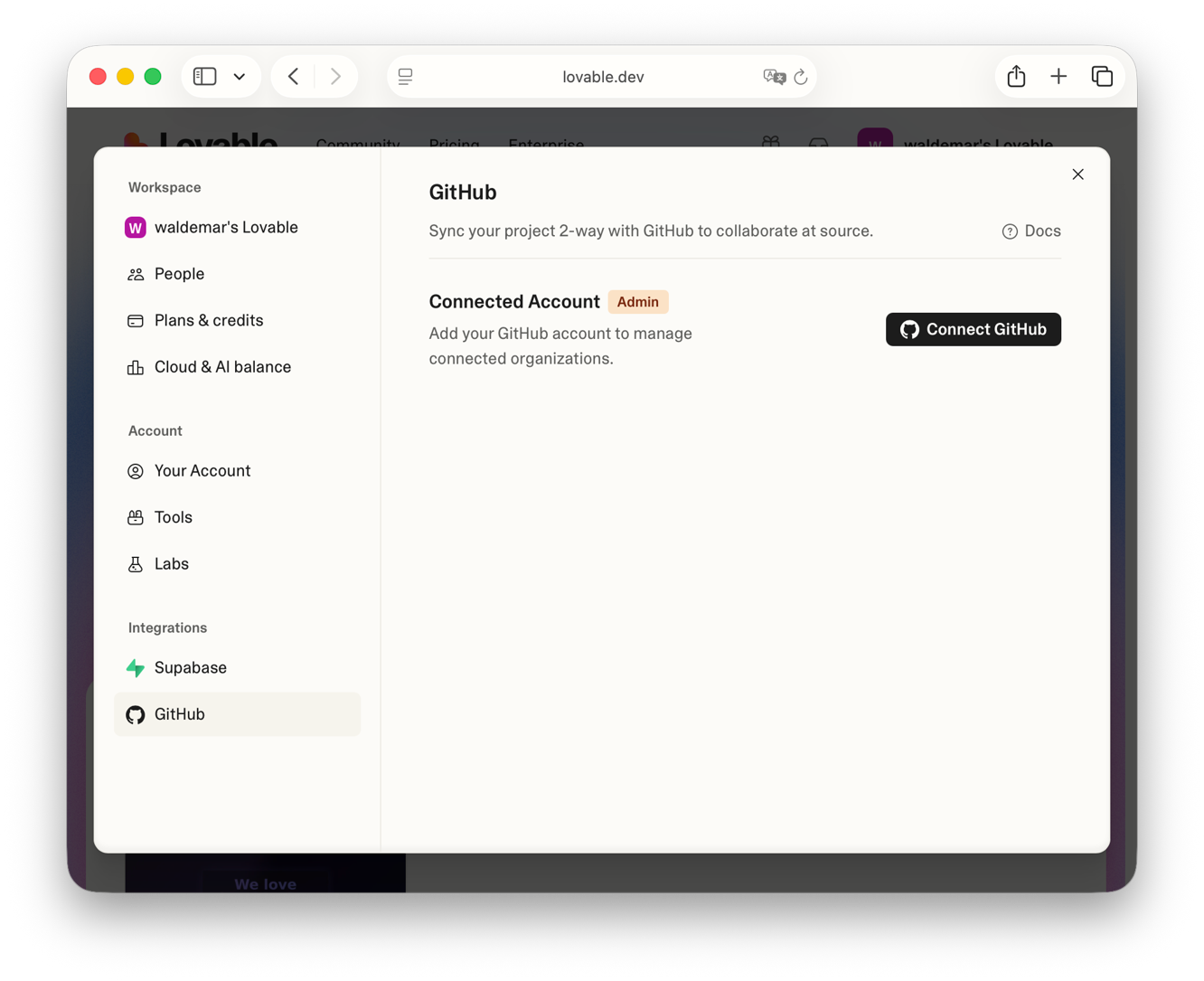 Lovable GitHub integration page showing not connected status
