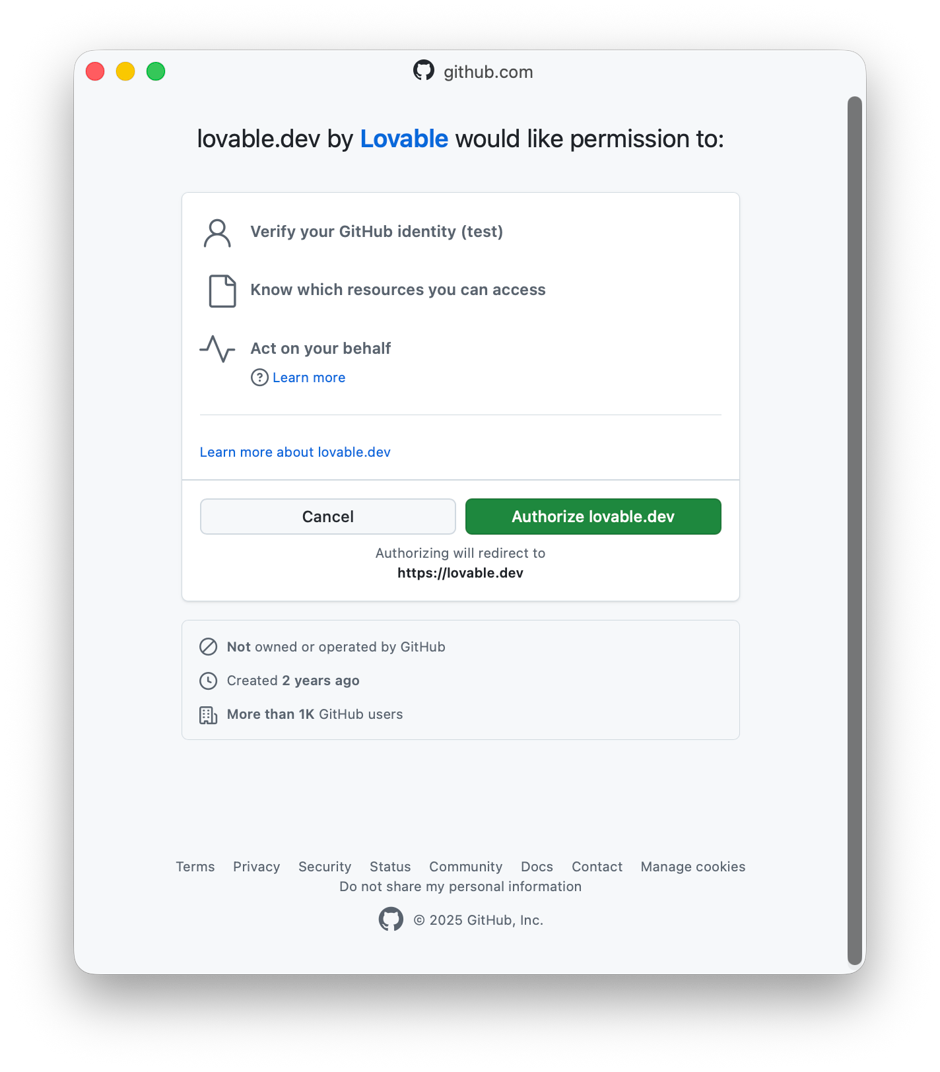 GitHub authorization page for Lovable showing permissions request