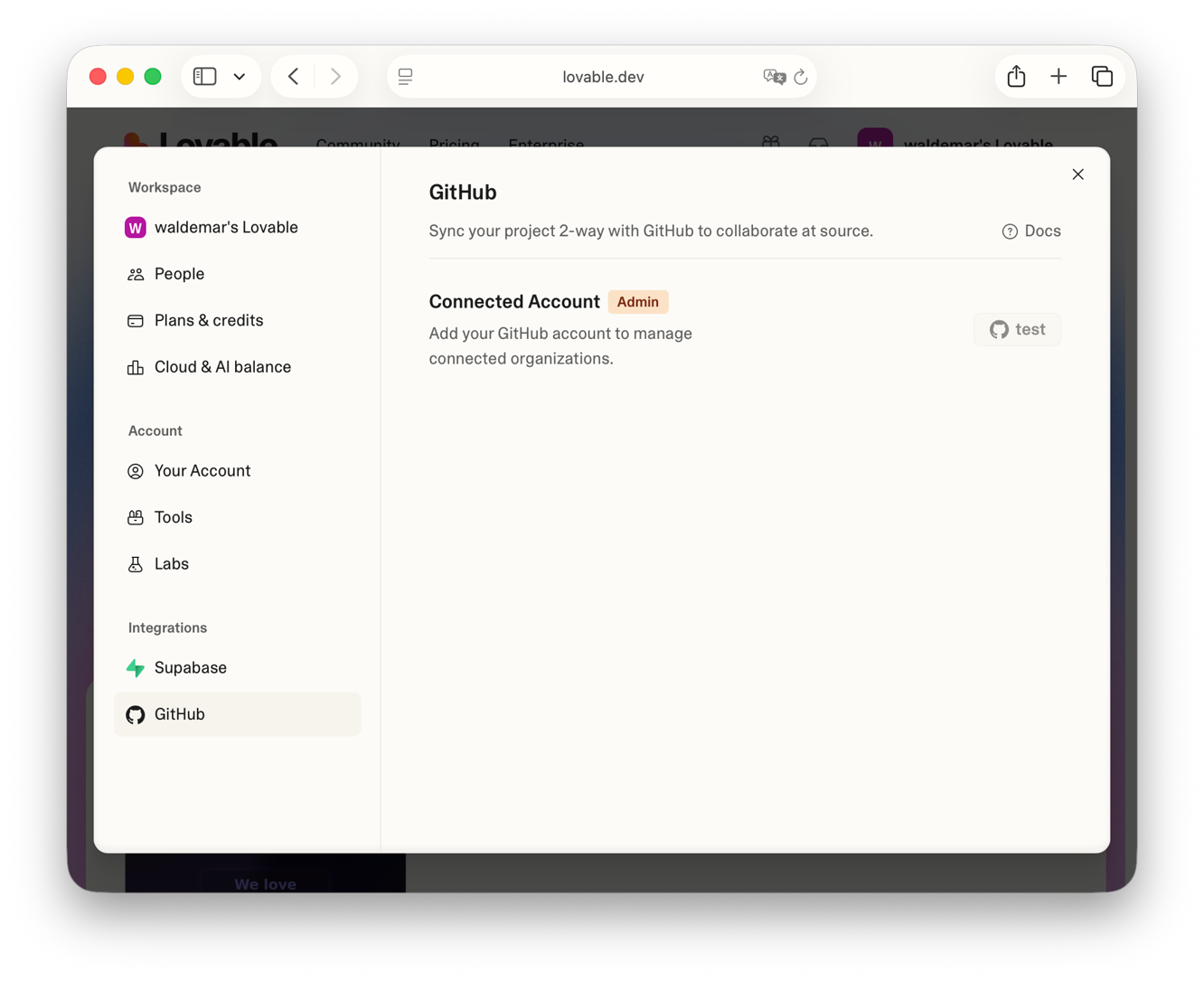 Lovable GitHub integration page showing connected status with repository details
