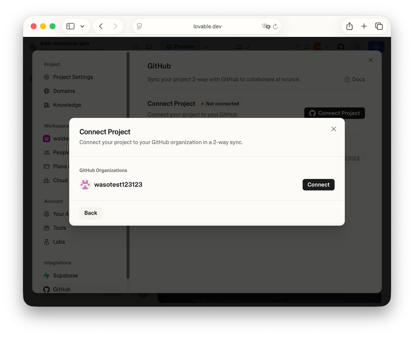 Repository creation confirmation dialog with Connect button