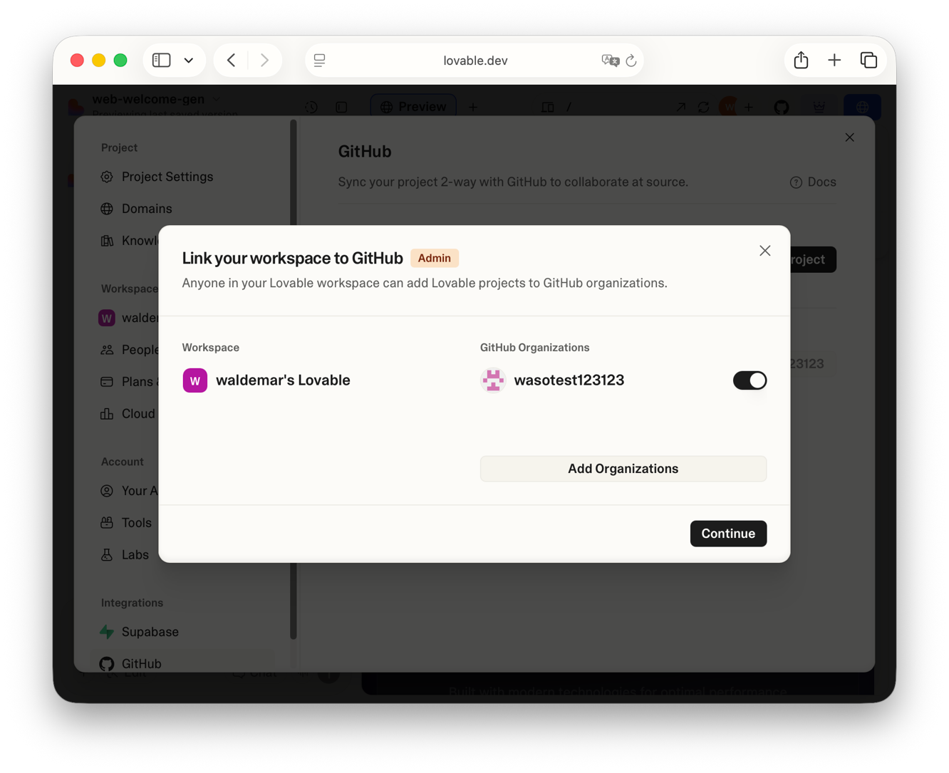 GitHub permissions page showing organizations list and Continue button