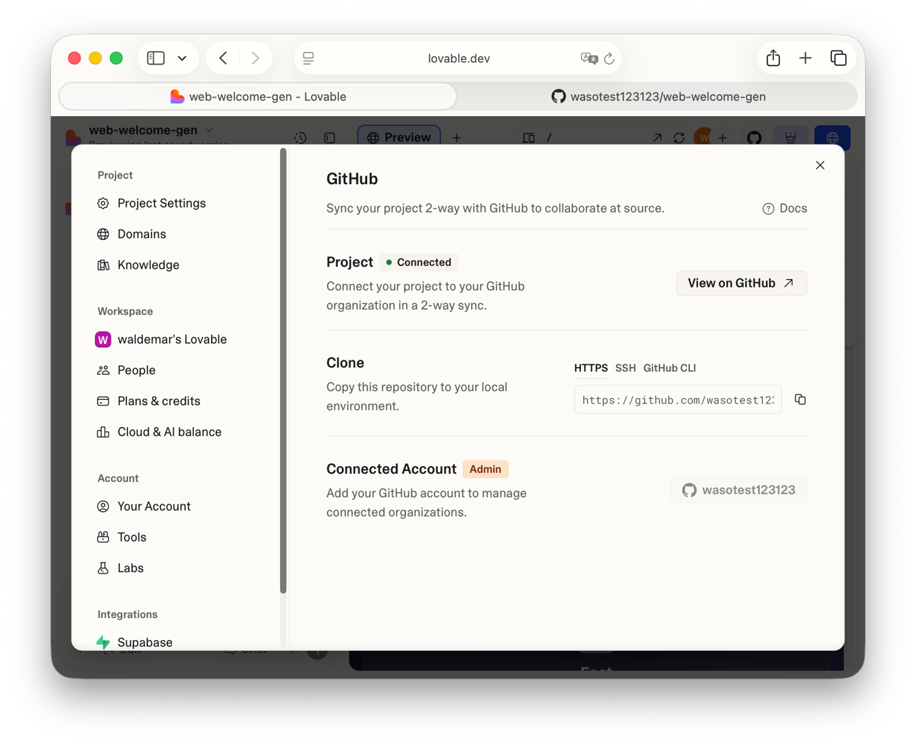 GitHub settings showing connected repository URL and Clone button