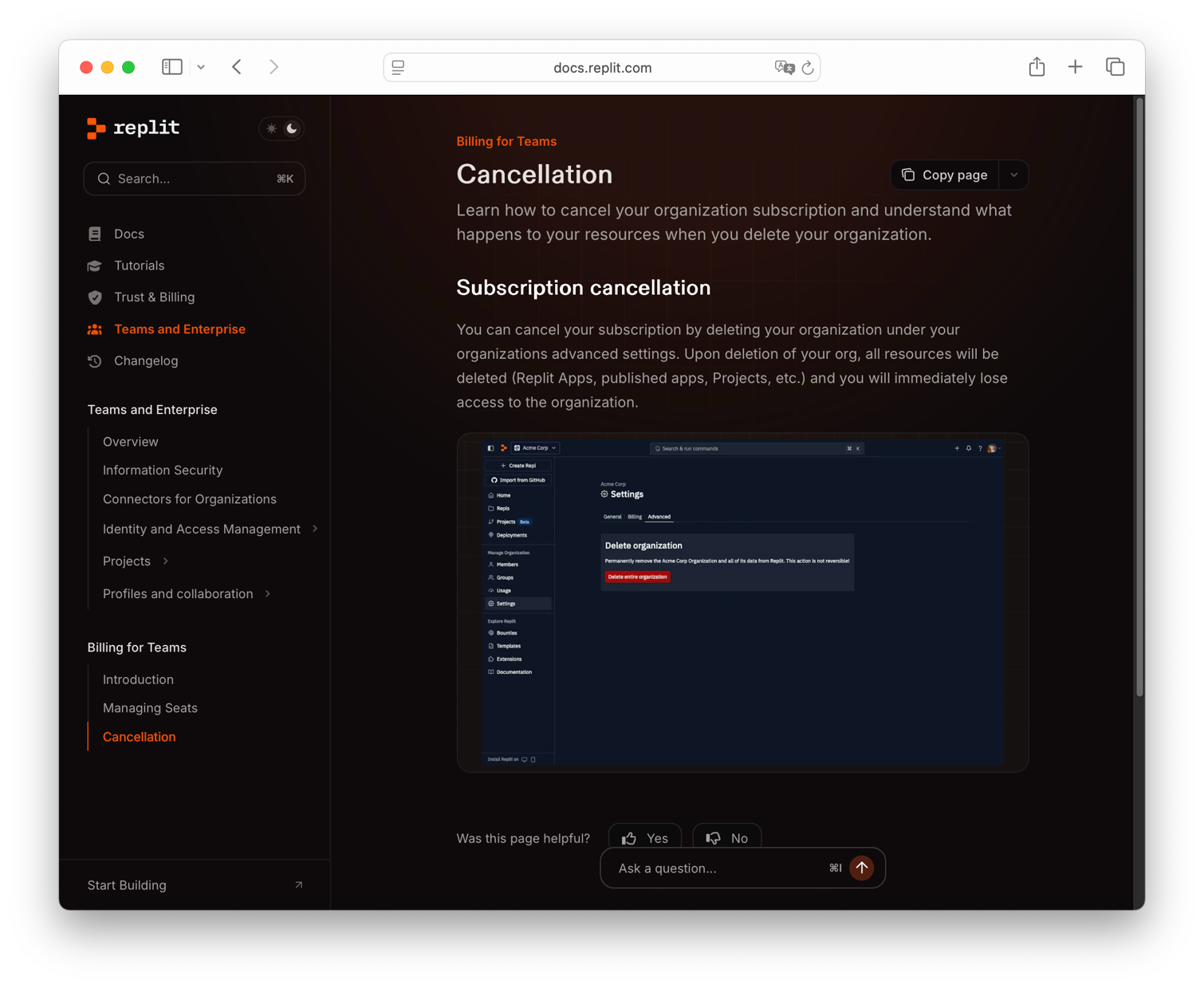 How to cancel Replit subscription and stop billing in 2025 - organization deletion settings screenshot